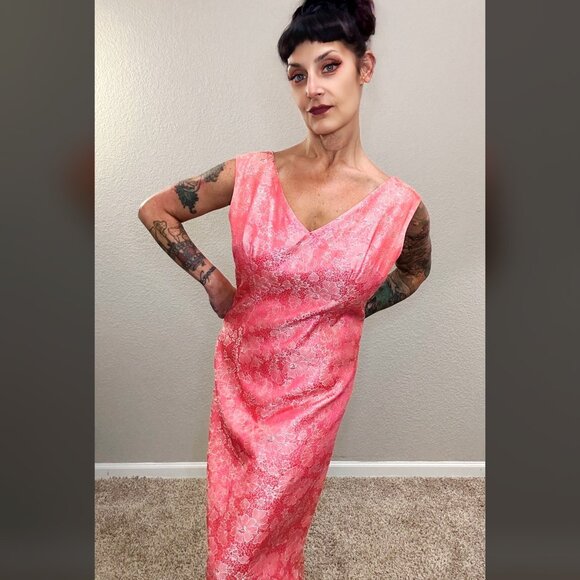 60s Pink & Silver Lurex Column Sheath Maxi Dress Mod Floral Pinup Bodycon L XL - Picture 6 of 12